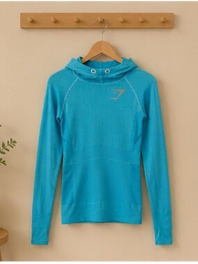 Gymshark Seamless Hooded Workout Top Aqua Blue Medium